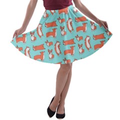 Corgis On Teal A-line Skater Skirt by Wav3s