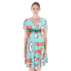 Corgis On Teal Short Sleeve V-neck Flare Dress by Wav3s