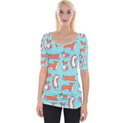 Corgis On Teal Wide Neckline Tee