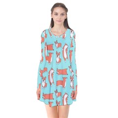 Corgis On Teal Long Sleeve V-neck Flare Dress by Wav3s