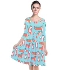 Corgis On Teal Quarter Sleeve Waist Band Dress by Wav3s