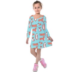 Corgis On Teal Kids  Long Sleeve Velvet Dress by Wav3s