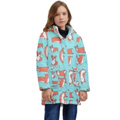 Corgis On Teal Kids  Hooded Longline Puffer Jacket by Wav3s