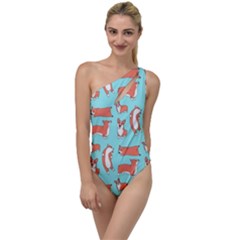 Corgis On Teal To One Side Swimsuit by Wav3s