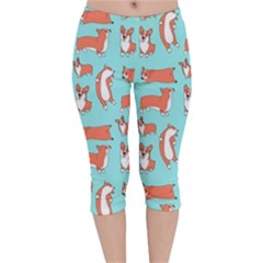 Corgis On Teal Velvet Capri Leggings  by Wav3s