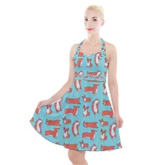 Corgis On Teal Halter Party Swing Dress  by Wav3s