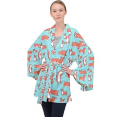 Corgis On Teal Long Sleeve Velvet Kimono  by Wav3s