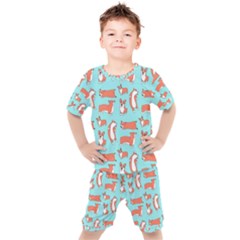 Corgis On Teal Kids  Tee And Shorts Set by Wav3s