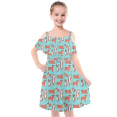 Corgis On Teal Kids  Cut Out Shoulders Chiffon Dress by Wav3s