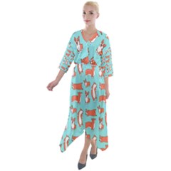 Corgis On Teal Quarter Sleeve Wrap Front Maxi Dress by Wav3s