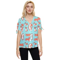 Corgis On Teal Bow Sleeve Button Up Top by Wav3s