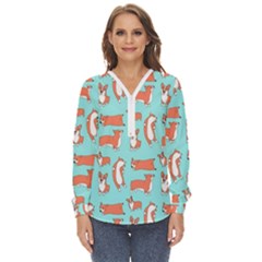 Corgis On Teal Zip Up Long Sleeve Blouse