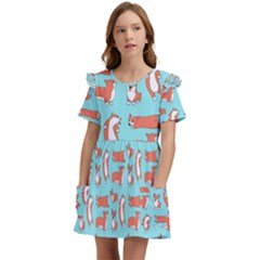 Corgis On Teal Kids  Frilly Sleeves Pocket Dress by Wav3s