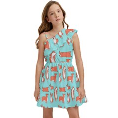 Corgis On Teal Kids  One Shoulder Party Dress by Wav3s