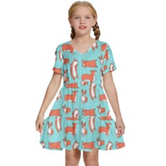 Corgis On Teal Kids  Short Sleeve Tiered Mini Dress by Wav3s