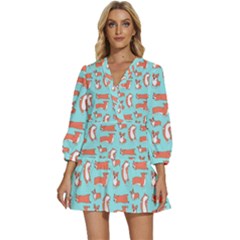 Corgis On Teal V-neck Placket Mini Dress by Wav3s