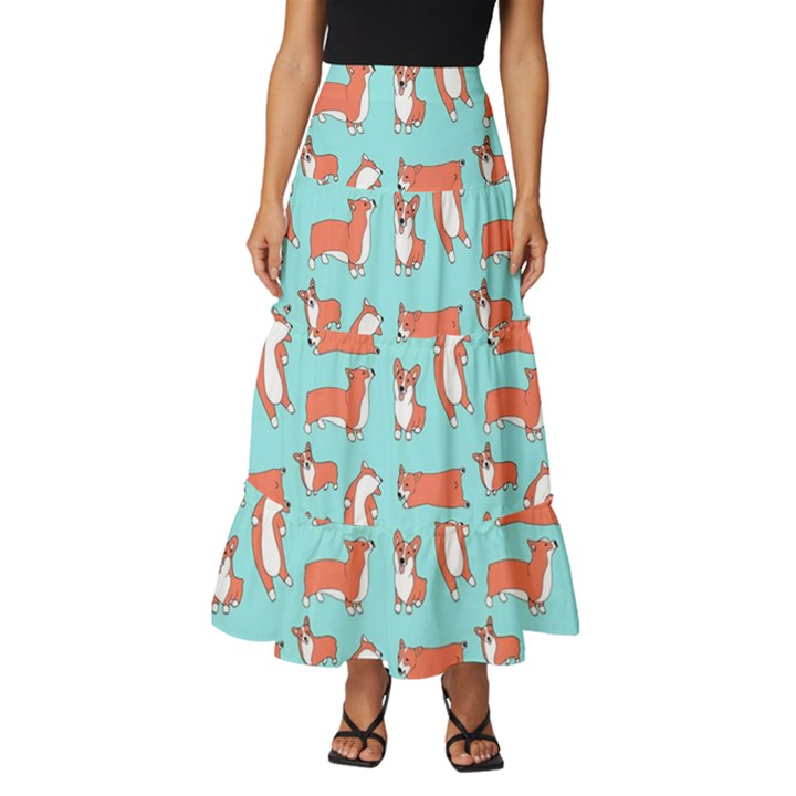 Corgis On Teal Tiered Ruffle Maxi Skirt