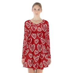 Vector Seamless Pattern Of Hearts With Valentine s Day Long Sleeve Velvet V-neck Dress