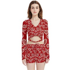 Vector Seamless Pattern Of Hearts With Valentine s Day Velvet Wrap Crop Top And Shorts Set