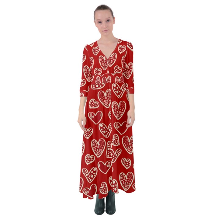 Vector Seamless Pattern Of Hearts With Valentine s Day Button Up Maxi Dress