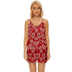 Vector Seamless Pattern Of Hearts With Valentine s Day V-neck Satin Pajamas Set