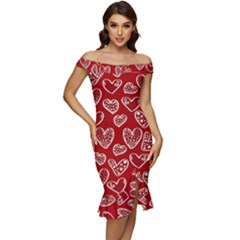 Vector Seamless Pattern Of Hearts With Valentine s Day Off Shoulder Ruffle Split Hem Bodycon Dress