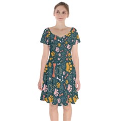 Dog Paw Colorful Fabrics Digitally Short Sleeve Bardot Dress by Wav3s