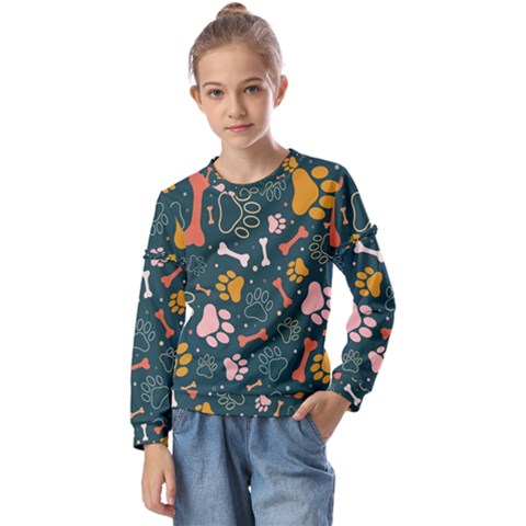 Dog Paw Colorful Fabrics Digitally Kids  Long Sleeve Tee With Frill  by Wav3s