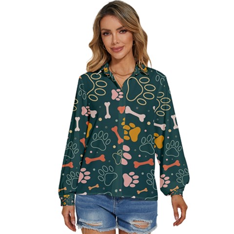 Dog Paw Colorful Fabrics Digitally Women s Long Sleeve Button Up Shirt by Wav3s