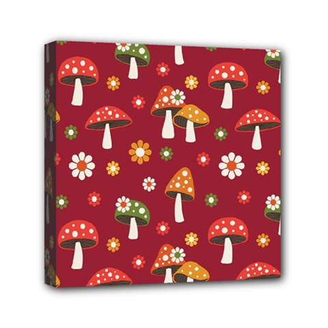 Woodland Mushroom And Daisy Seamless Pattern On Red Background Mini Canvas 6  X 6  (stretched)