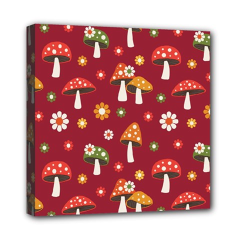 Woodland Mushroom And Daisy Seamless Pattern On Red Background Mini Canvas 8  X 8  (stretched) by Wav3s