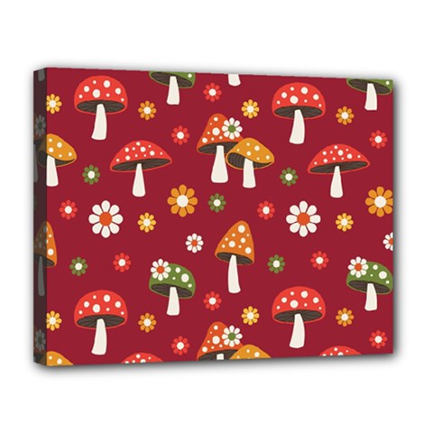 Woodland Mushroom And Daisy Seamless Pattern On Red Background Canvas 14  X 11  (stretched) by Wav3s