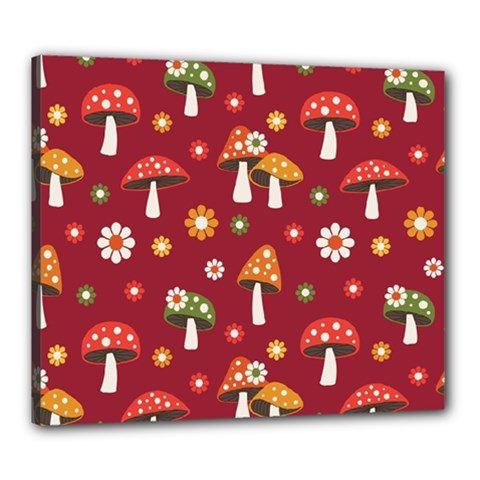 Woodland Mushroom And Daisy Seamless Pattern On Red Background Canvas 24  X 20  (stretched) by Wav3s