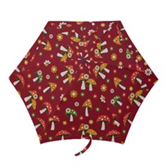 Woodland Mushroom And Daisy Seamless Pattern On Red Background Mini Folding Umbrellas by Wav3s