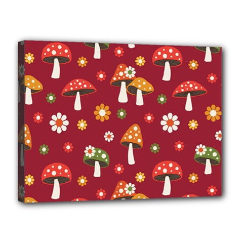 Woodland Mushroom And Daisy Seamless Pattern On Red Background Canvas 16  X 12  (stretched) by Wav3s