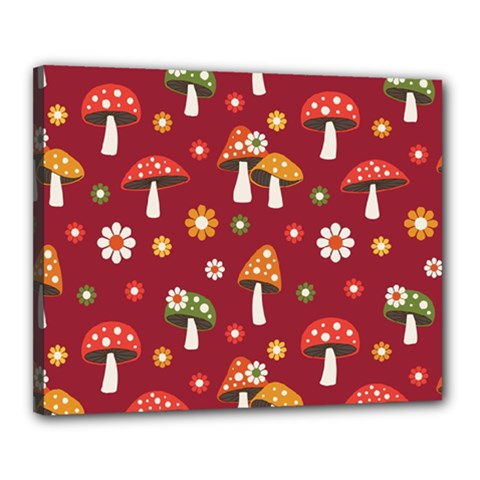 Woodland Mushroom And Daisy Seamless Pattern On Red Background Canvas 20  X 16  (stretched) by Wav3s