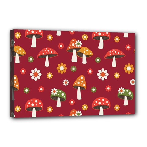 Woodland Mushroom And Daisy Seamless Pattern On Red Background Canvas 18  X 12  (stretched) by Wav3s