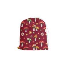 Woodland Mushroom And Daisy Seamless Pattern On Red Background Drawstring Pouch (small) by Wav3s