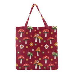 Woodland Mushroom And Daisy Seamless Pattern On Red Background Grocery Tote Bag by Wav3s