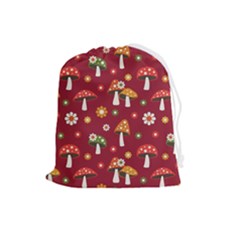 Woodland Mushroom And Daisy Seamless Pattern On Red Background Drawstring Pouch (large) by Wav3s