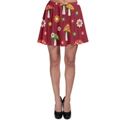 Woodland Mushroom And Daisy Seamless Pattern On Red Background Skater Skirt by Wav3s