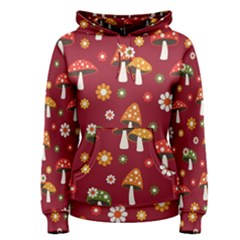 Woodland Mushroom And Daisy Seamless Pattern On Red Background Women s Pullover Hoodie by Wav3s