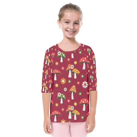 Woodland Mushroom And Daisy Seamless Pattern On Red Background Kids  Quarter Sleeve Raglan Tee by Wav3s