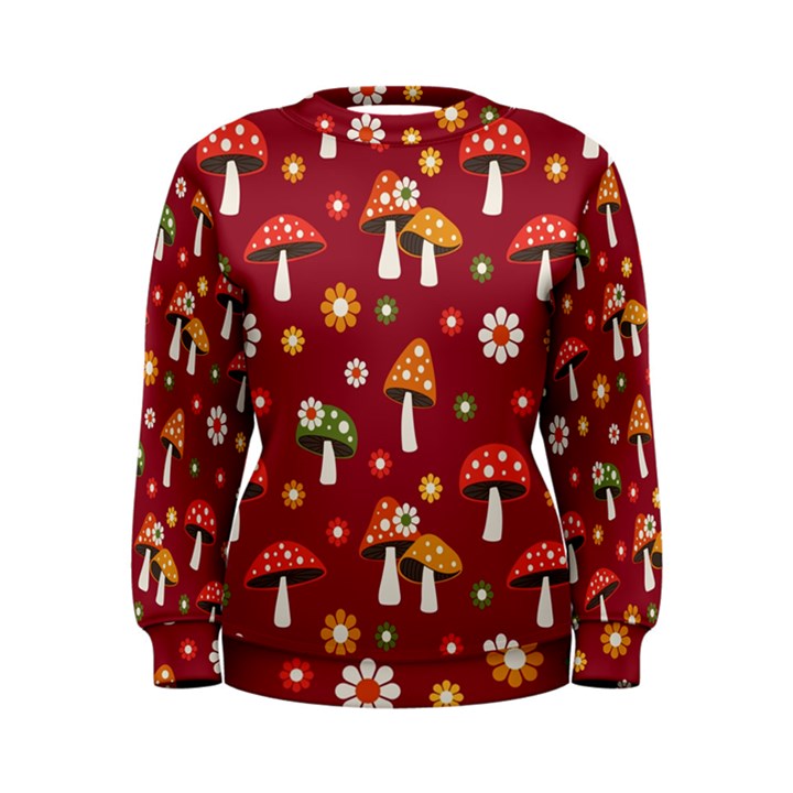 Woodland Mushroom And Daisy Seamless Pattern On Red Background Women s Sweatshirt