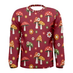 Woodland Mushroom And Daisy Seamless Pattern On Red Background Men s Long Sleeve Tee by Wav3s