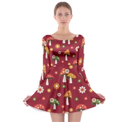 Woodland Mushroom And Daisy Seamless Pattern On Red Background Long Sleeve Skater Dress by Wav3s