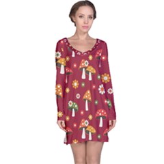 Woodland Mushroom And Daisy Seamless Pattern On Red Background Long Sleeve Nightdress by Wav3s