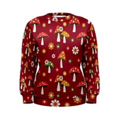 Woodland Mushroom And Daisy Seamless Pattern On Red Background Women s Sweatshirt by Wav3s