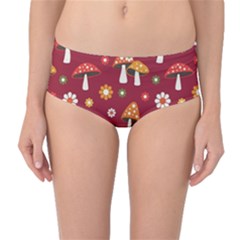 Woodland Mushroom And Daisy Seamless Pattern On Red Background Mid-waist Bikini Bottoms by Wav3s