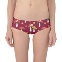 Woodland Mushroom And Daisy Seamless Pattern On Red Background Classic Bikini Bottoms by Wav3s